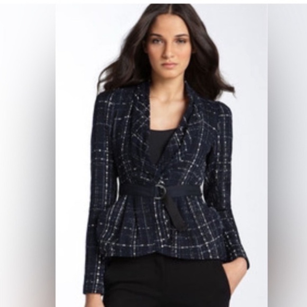 Nanette Lepore Navy Blue Tweed Asymmetrical Peplum Belted Blazer Jacket Sz 10